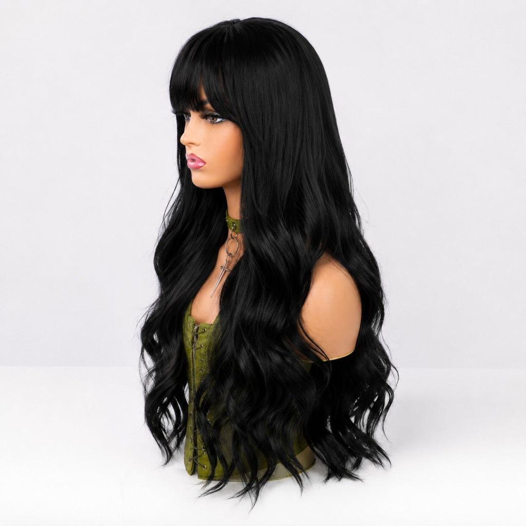 Long Wavy Black Synthetic Wig with Fringe for Cosplay & Costume