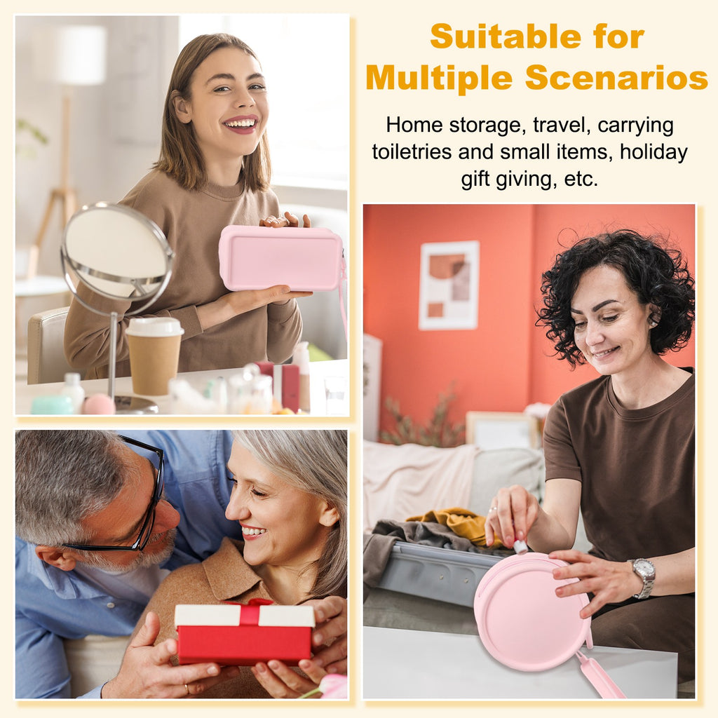Round Silicone Makeup Bag, Small Pink Toiletry Organizer with Handle