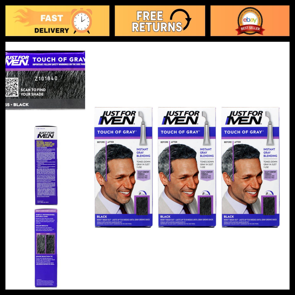 Men's Hair Color Touch of Gray 3 Pack Black & Gray Easy Application