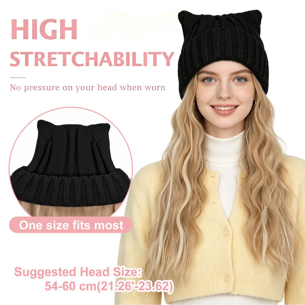 Women’s Winter Cat Ear Knit Hat Wig with Long Water Wave Synthetic Hair - All Colors