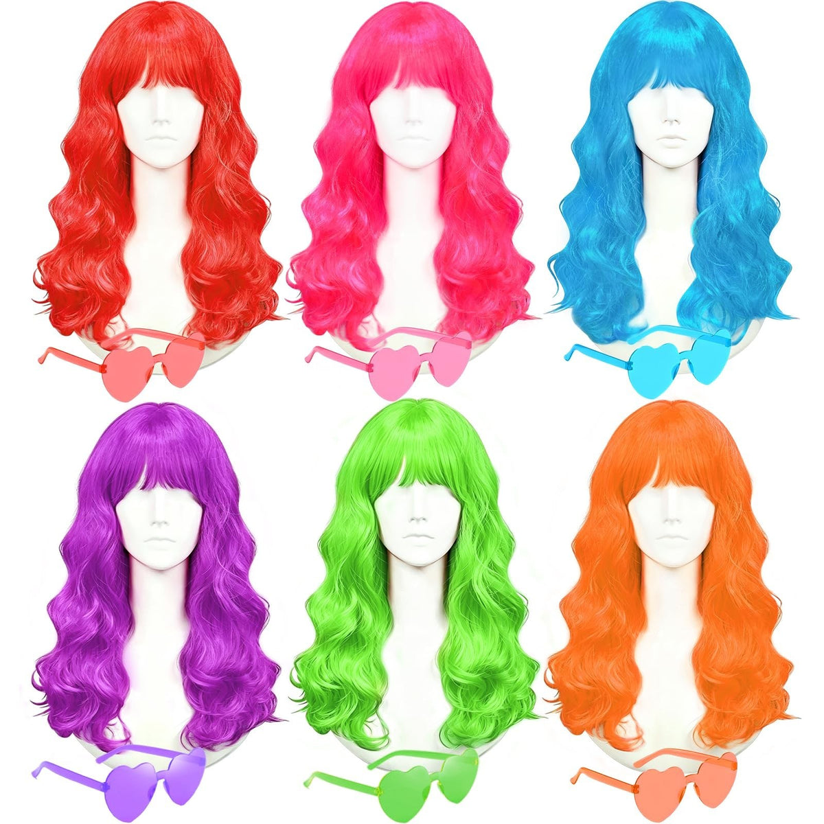 Colorful Long Curly Wig Set with Sunglasses for Women – Party & Costume