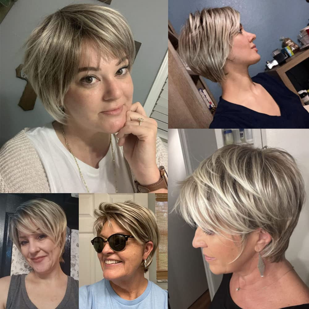 Short Blonde Brown Ombre Synthetic Wig - Curly, Adjustable Fit