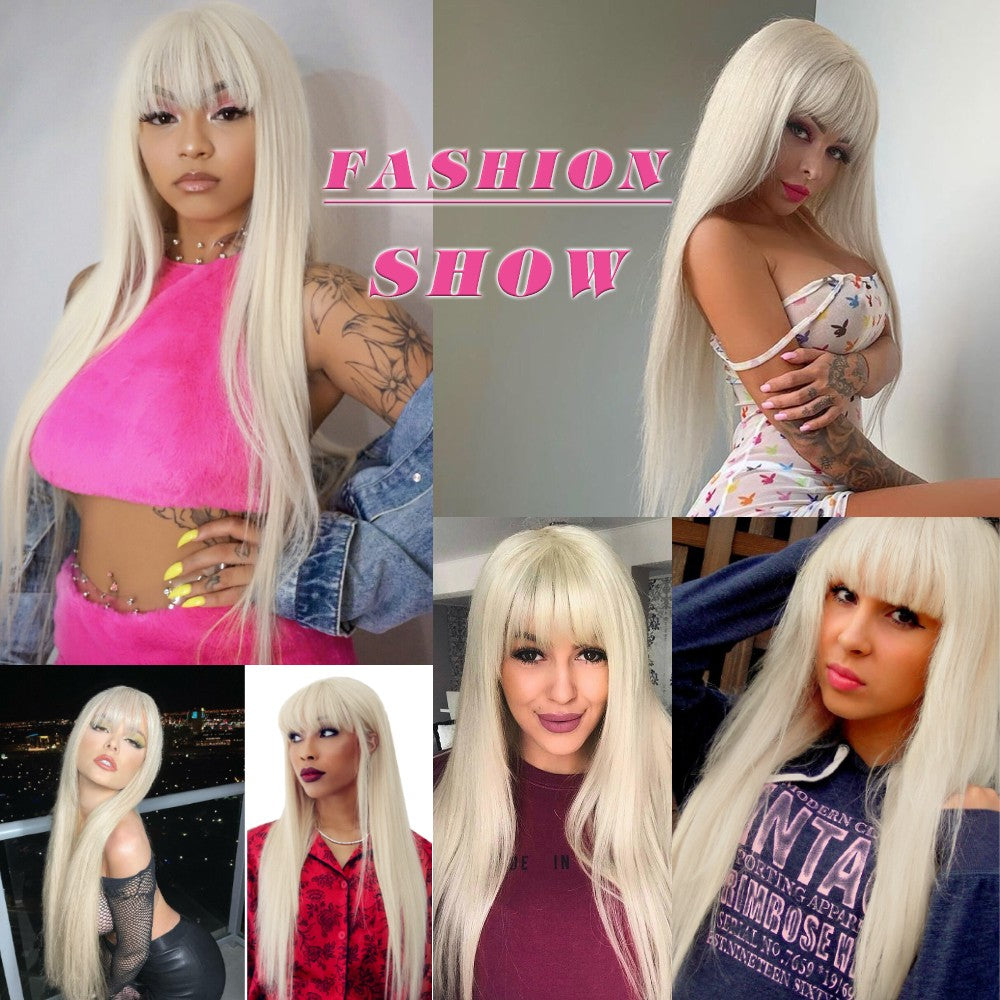 Long Straight Heat-Resistant Synthetic Wig with Bangs - Platinum Blonde Cosplay Hair