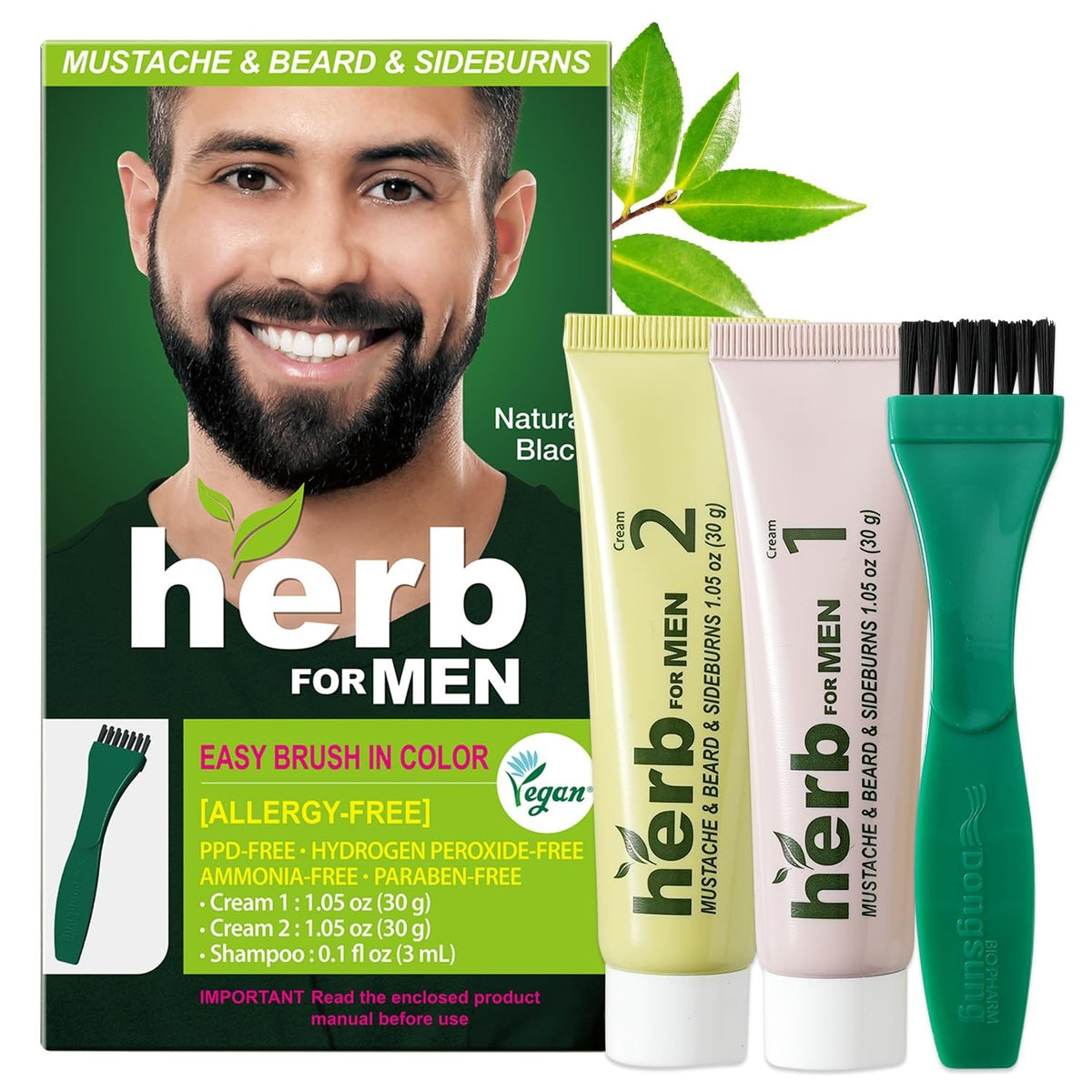 Herb For Men Mustache & Beard Dye Kit Natural Black PPD-Free Ammonia-Free