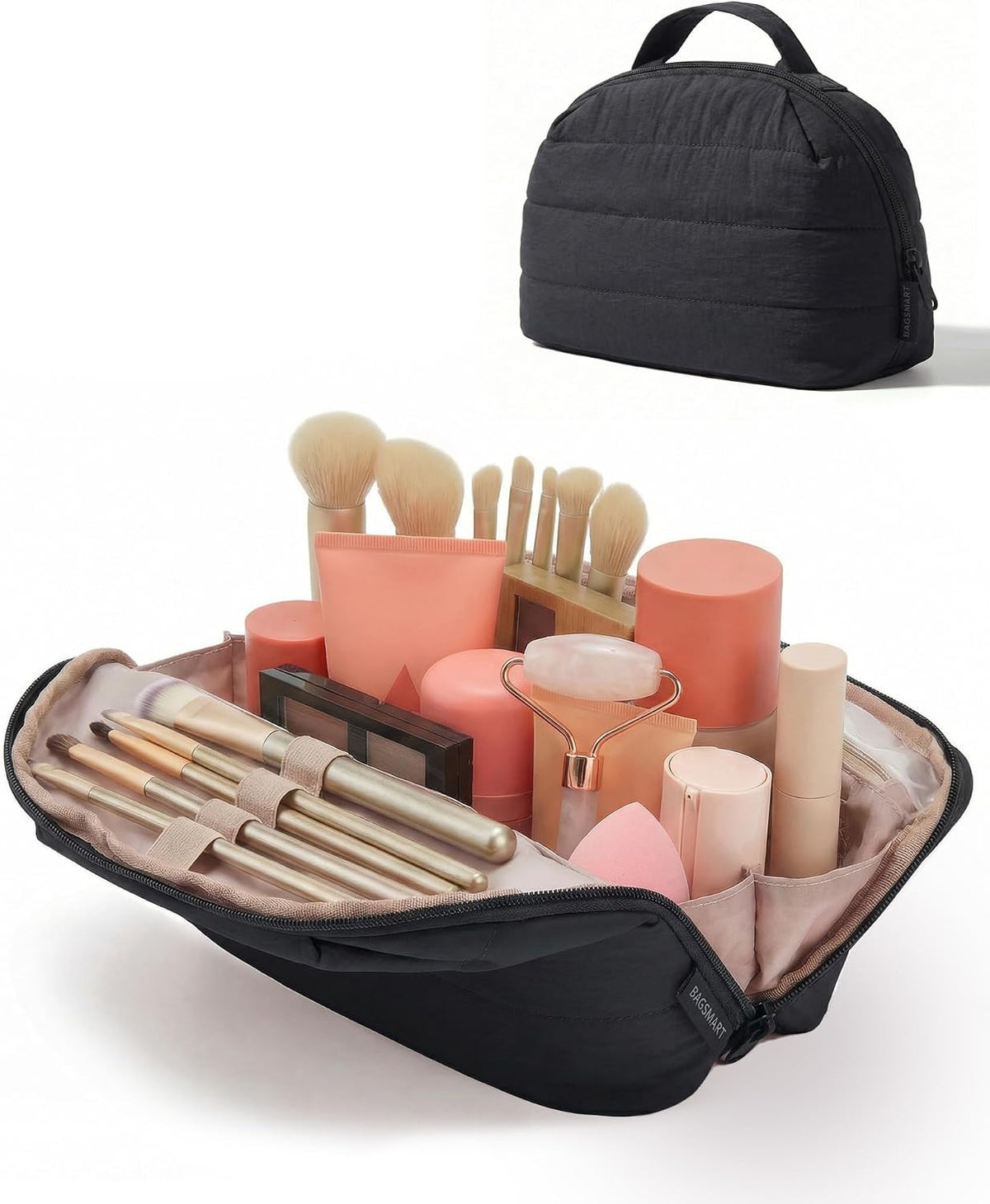 Travel Makeup Bag with Wide Fold-Down Organizer for Women