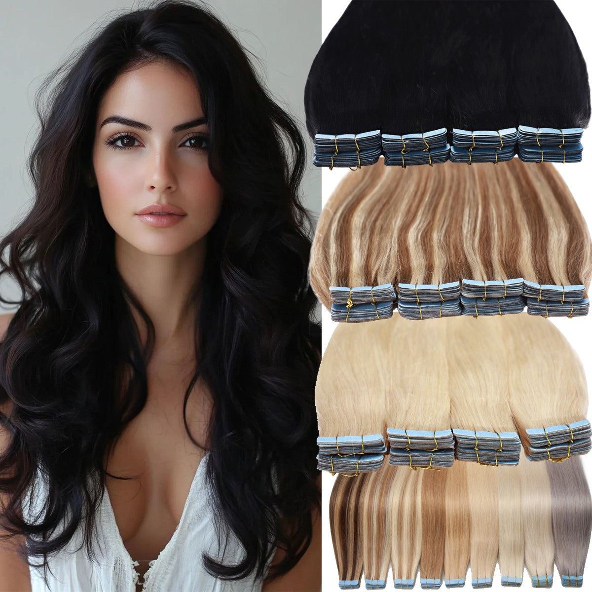 Remy Human Hair Tape-In Extensions 20-60pcs - Natural Black & Blonde Shades