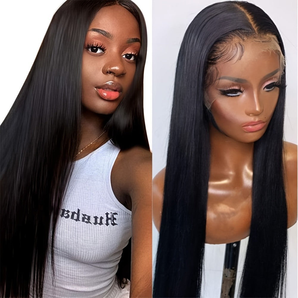 Long Straight Lace Front Wig - Natural Black Synthetic Hair, Pre-Plucked, 180% Density