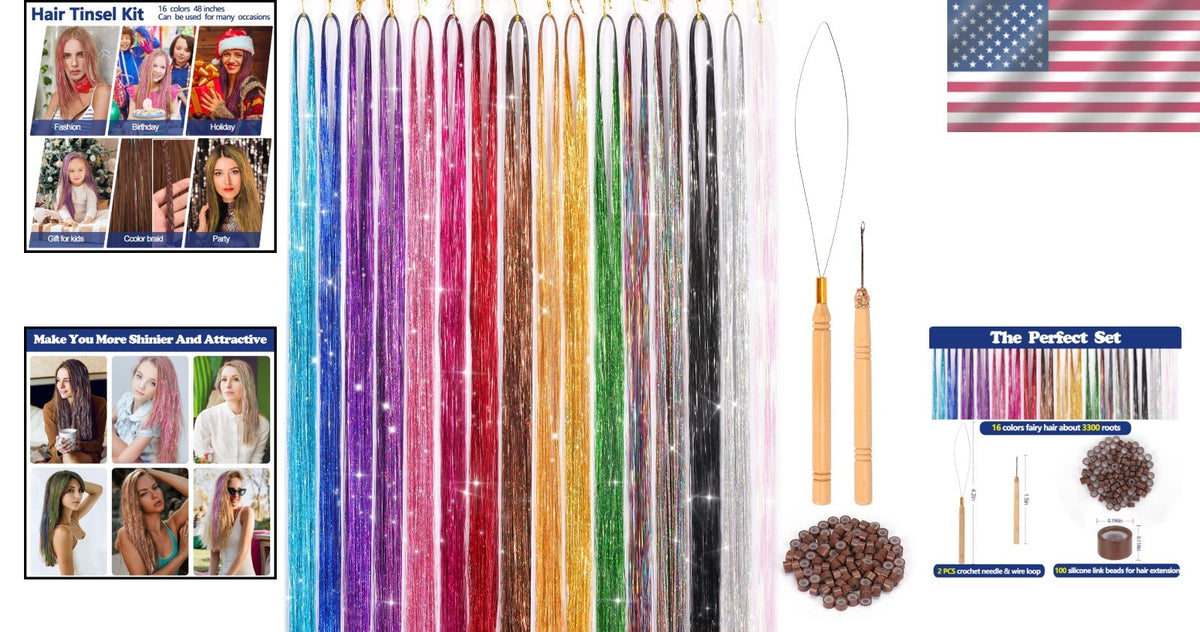 16-Color Hair Tinsel Kit - 48 Inch Sparkling Hair Extensions for Festivals & Events