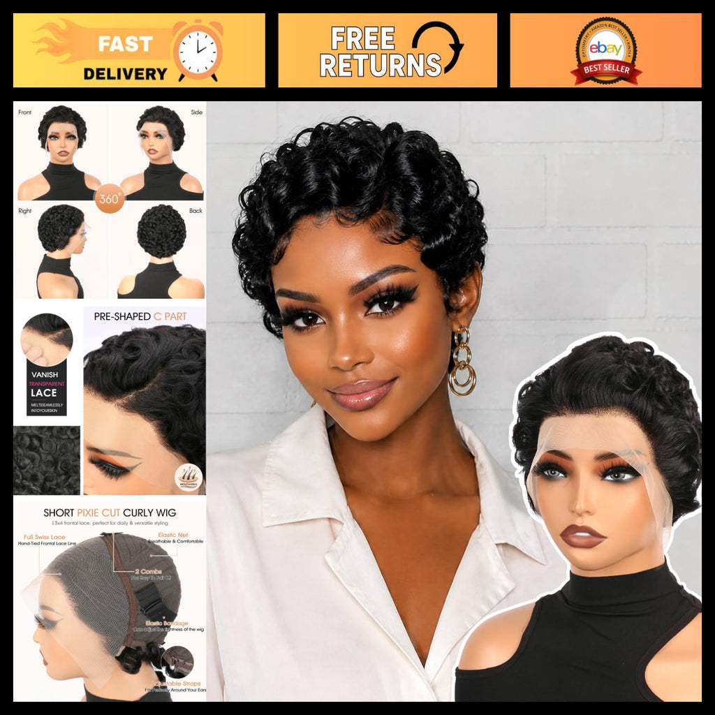 Short Curly Pixie Wig 13x4 Lace Front Human Hair Natural Black Style