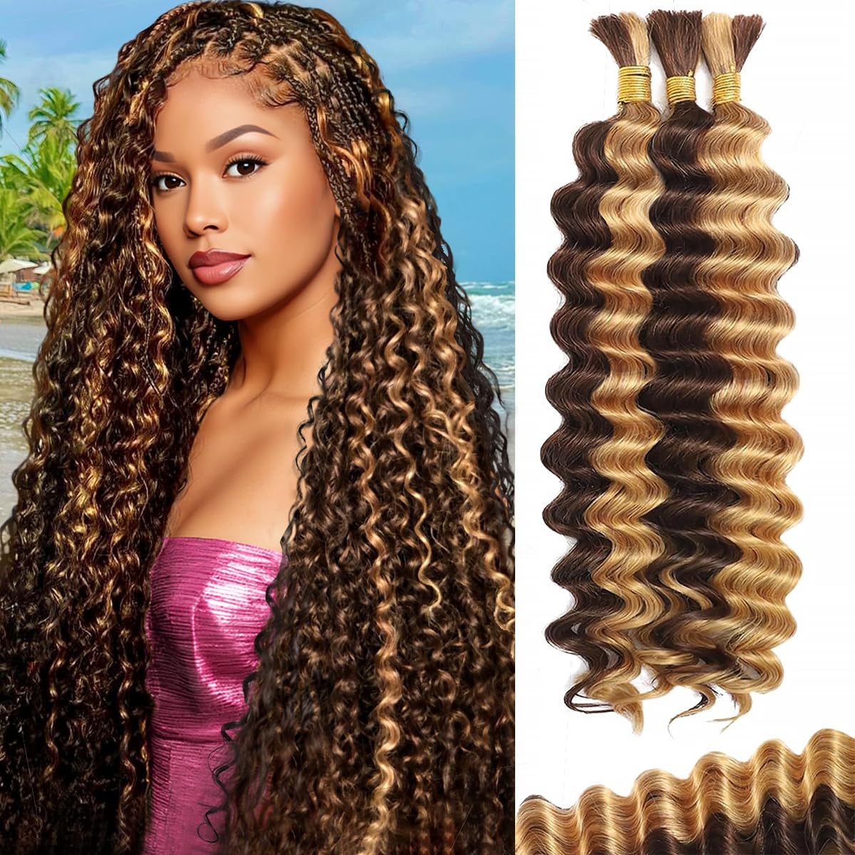 Human Braiding Hair for Boho Braids 20 Inch 120G Highlight Balayage Deep Wave