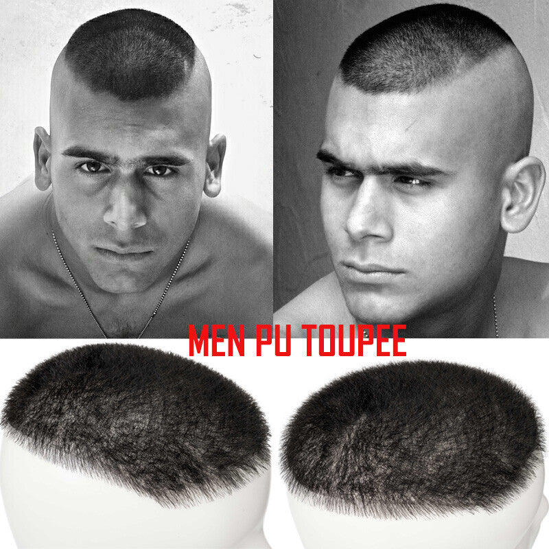 Thin PU Mens Toupee Hairpiece with Skin Base Short Buzz Cut & Tapes Options