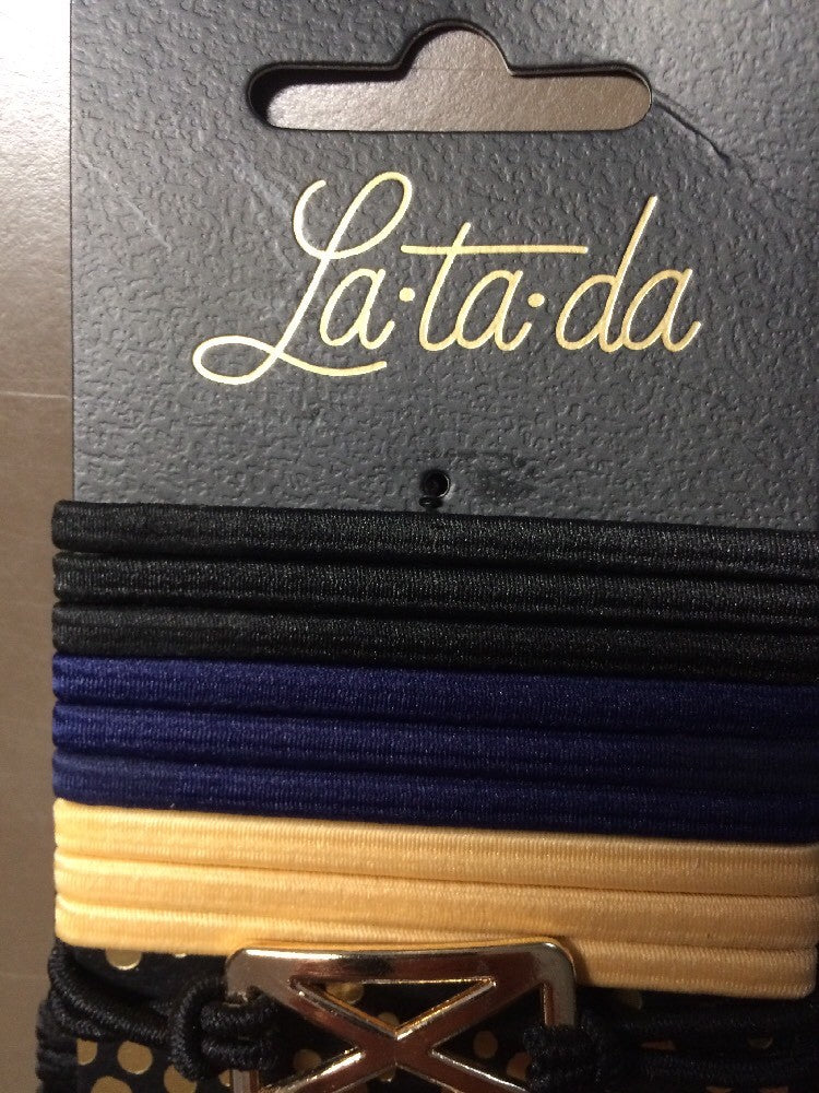 10-Piece Hair Ties Set with Gold-Tone Holders - Black, Navy, Tan, Lot of 8 Packs