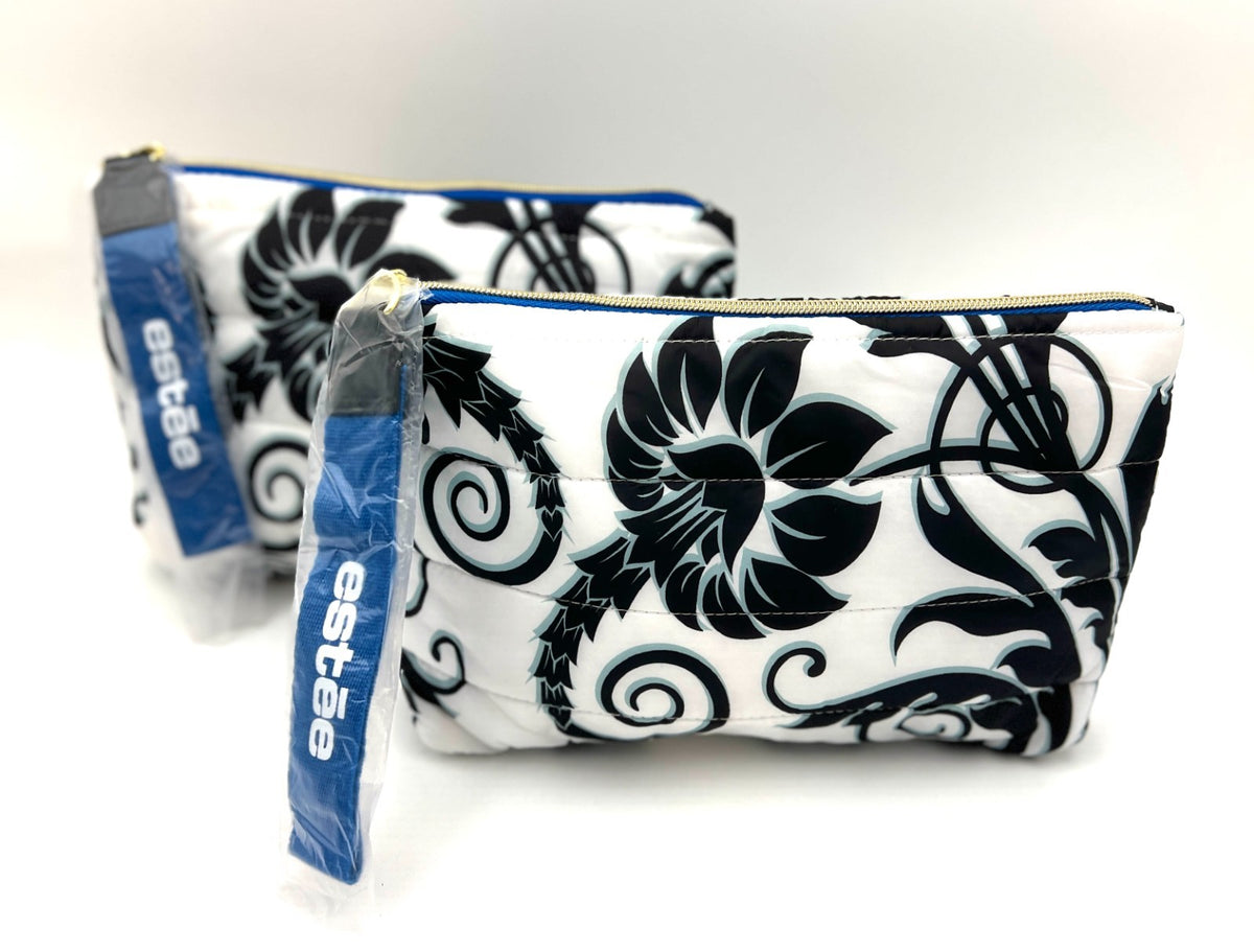 Black & White Makeup Bag with Handle - Fluffy Flower Print, Estée Lauder