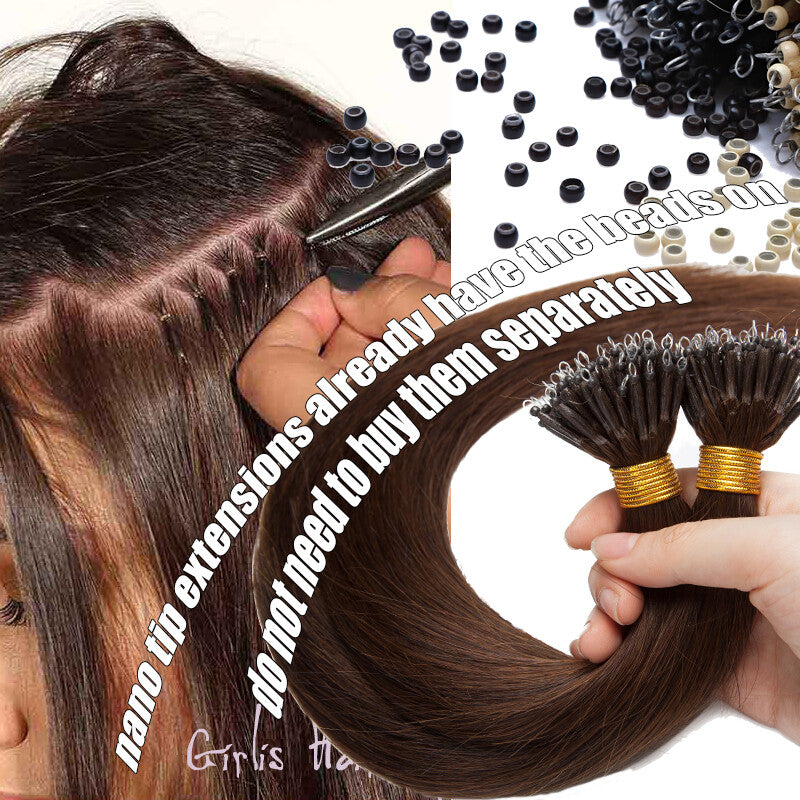 Remy Human Hair Extensions Nano Ring Beads Blonde Caramel 16-24 Inches