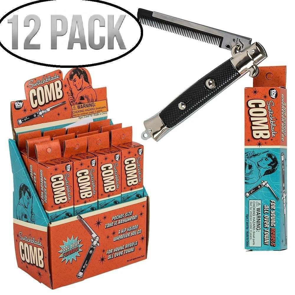 12 Pack Retro-Style Switchblade Hair Combs with Display Box - 9 Inch