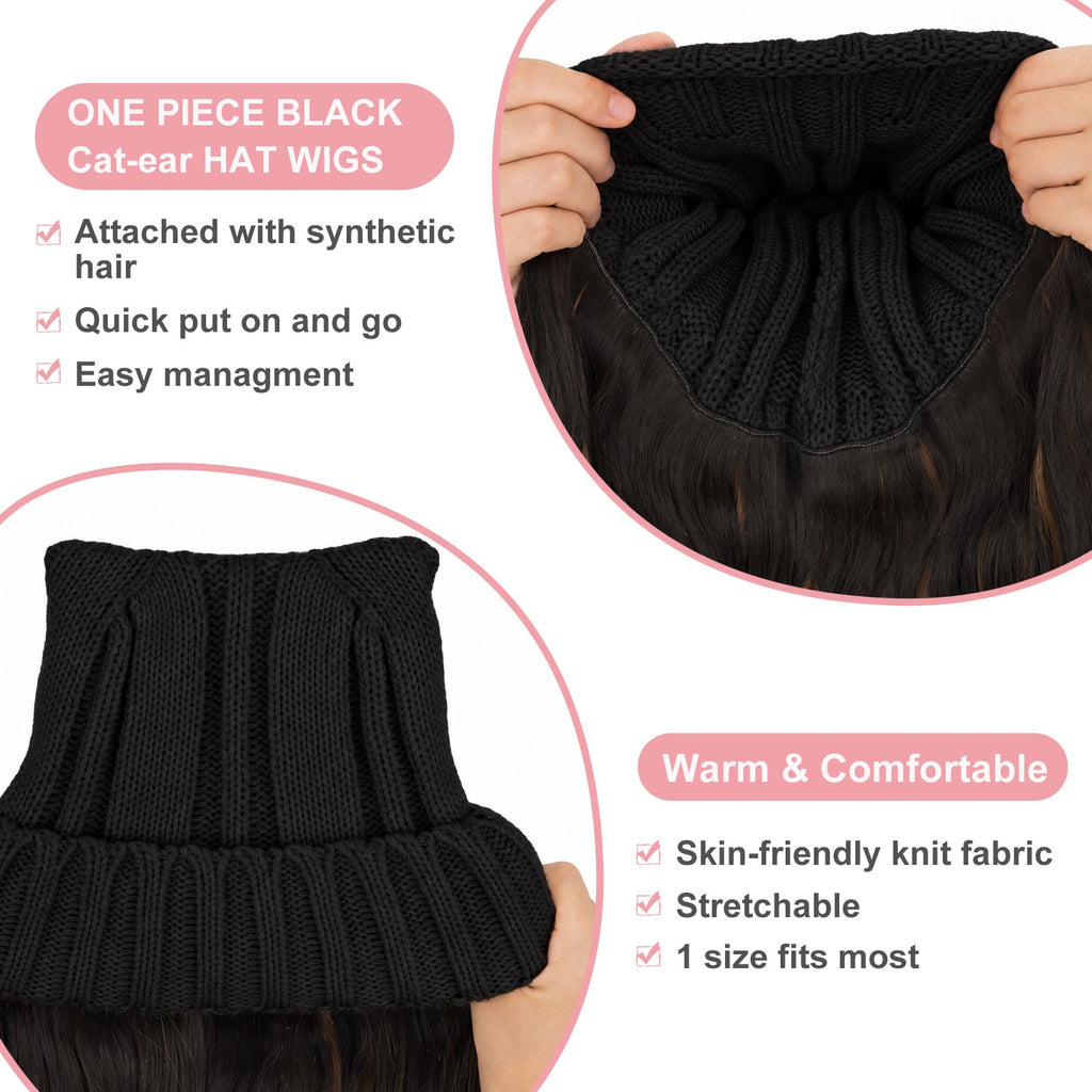Women’s Winter Cat Ear Knit Hat Wig with Long Water Wave Synthetic Hair - All Colors