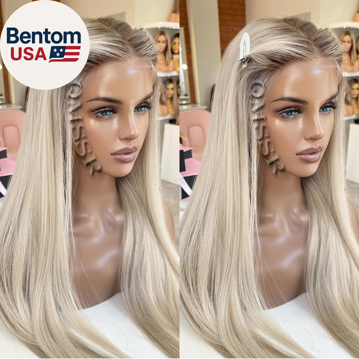 Ash Blonde Synthetic Lace Front Wig Long Straight Heat-Resistant Fiber Hair Ombre