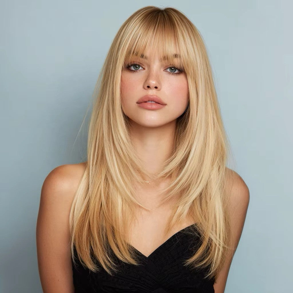 Light Blonde Brown Straight Lace Front Wig with Bangs - Synthetic High Temp Hair