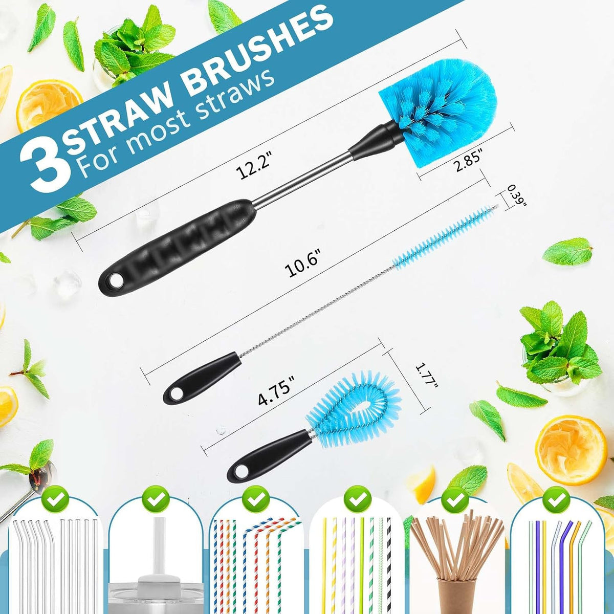 12.2 Inch Bottle Brush Set of 3 for Water Bottles and Cups - Washable Cleaning Kit