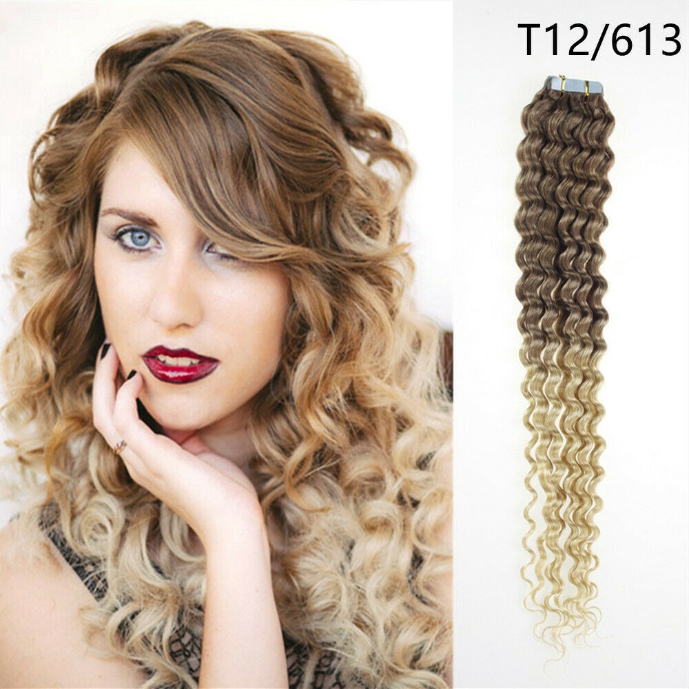 Remy Human Hair Extensions Seamless Tape-In Wefts 18 Inch Curly & Straight