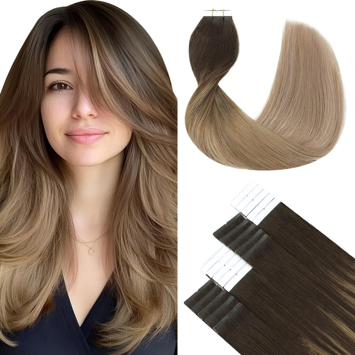 14 Inch Tape-in Human Hair Extensions - Balayage Brown Blend, 20 Pieces
