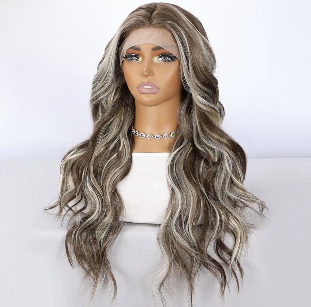 Ombre Brown Blonde 26 Inch Wavy Lace Front Wig - Body Wave Highlight Hair, Glueless Synthetic Style