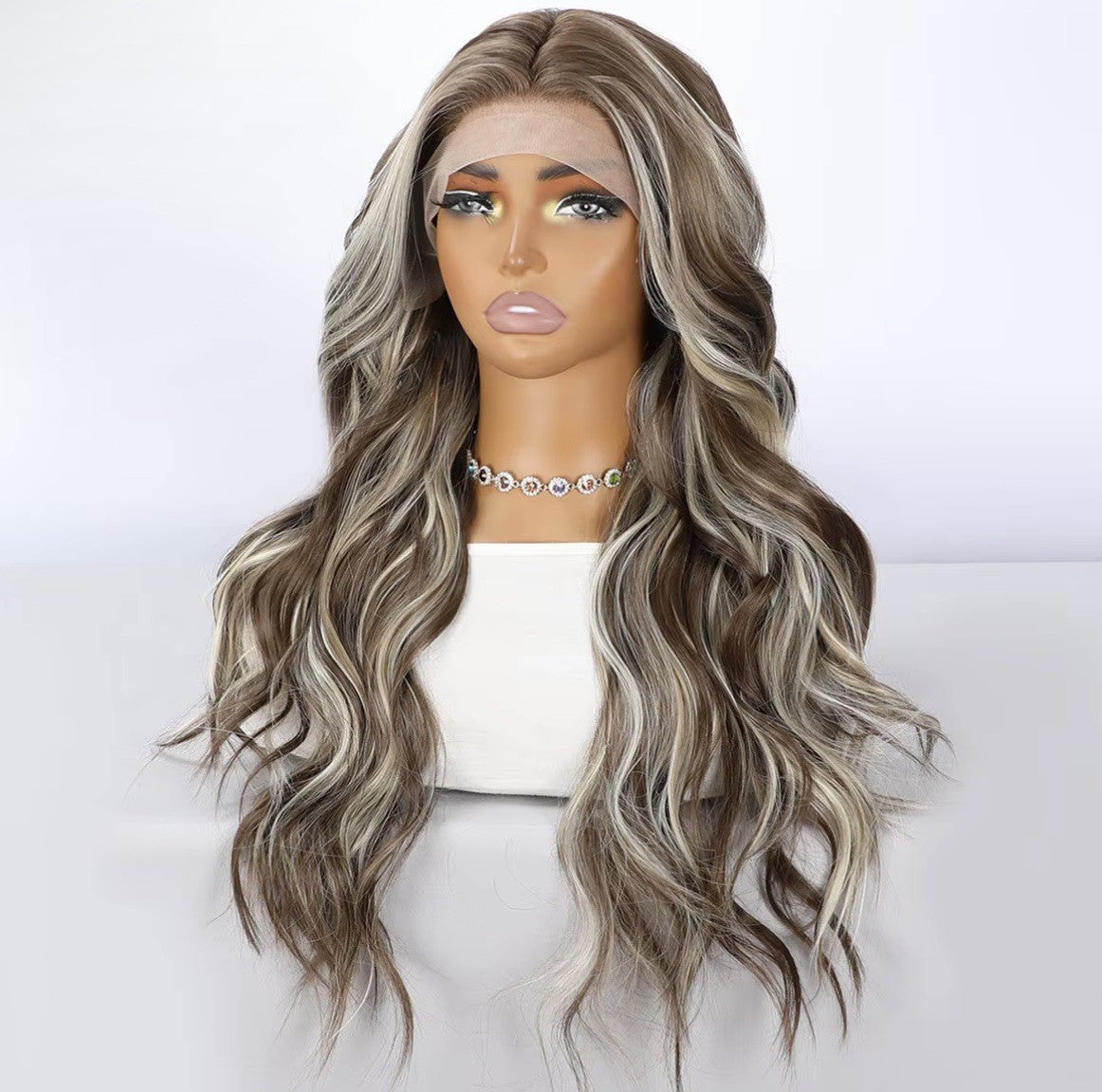 Ombre Brown Blonde 26 Inch Wavy Lace Front Wig - Body Wave Highlight Hair, Glueless Synthetic Style