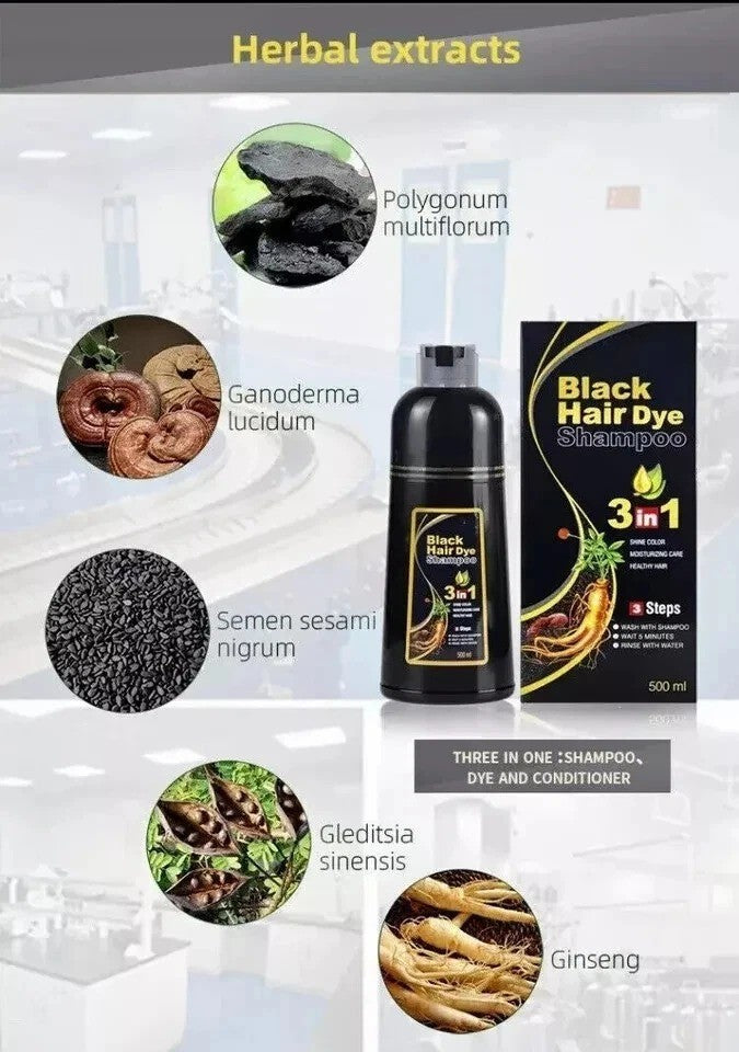 Black Hair Dye Shampoo 3-in-1 Instant Gray Coverage 500mL - Natural Herbal Formula