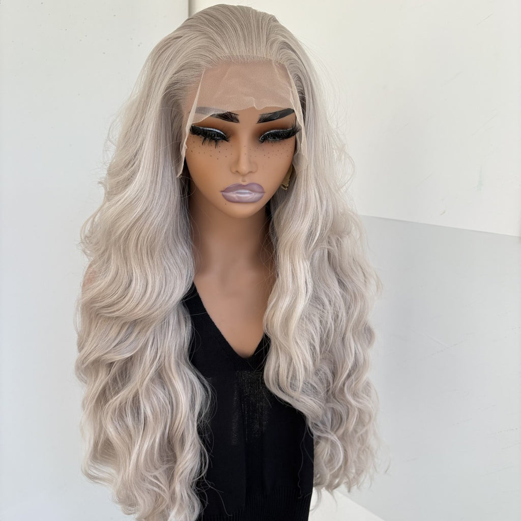 Long Wavy Synthetic Lace Front Wig - Heat Resistant Silver Grey Hair