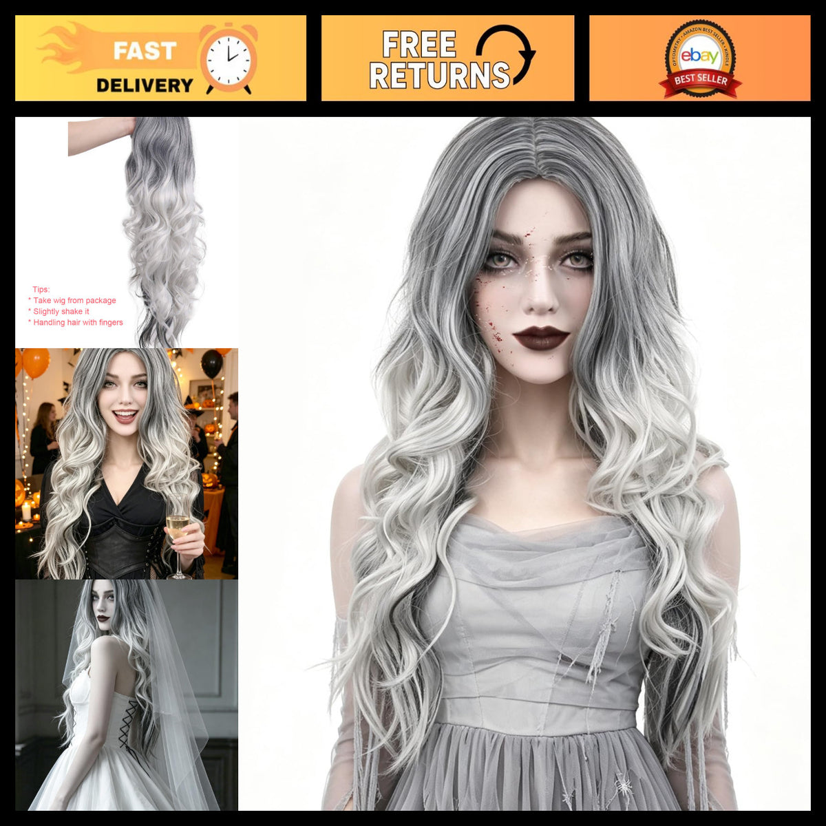 Long Curly Silver Grey Costume Wig for Women - Halloween & Cosplay