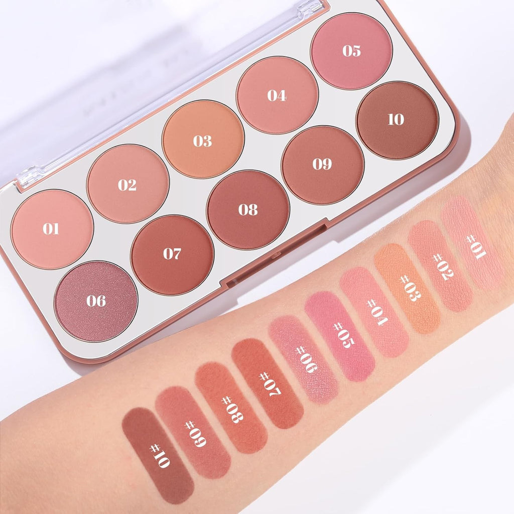 10 Color Long Lasting Face Blush Palette for Cheeks - Lightweight Makeup