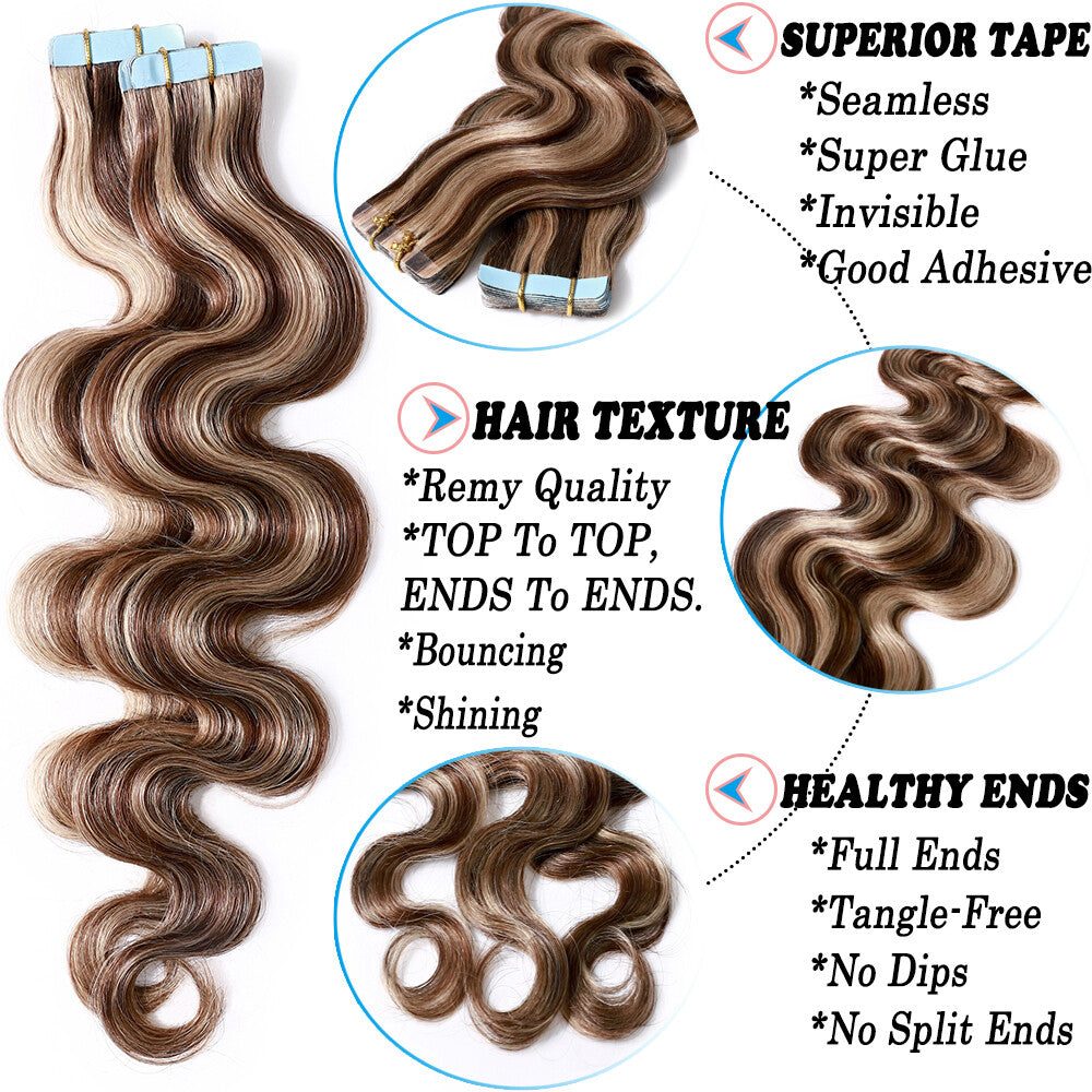 100% Human Hair Tape-In Extensions Full Head Body Wave & Straight Styles