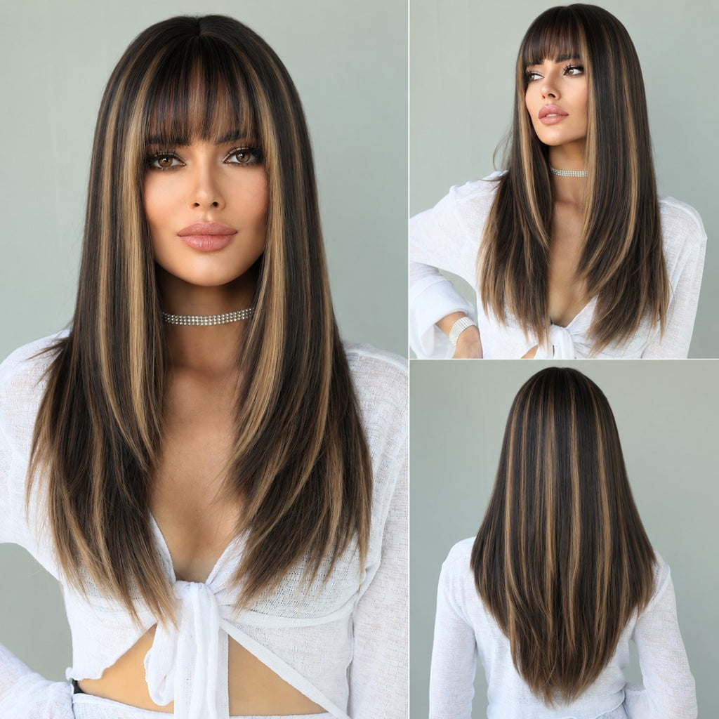 Long Straight Black Brown Synthetic Wig with Bangs for Cosplay & Fashion