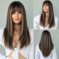 Long Straight Black Brown Synthetic Wig with Bangs for Cosplay & Fashion