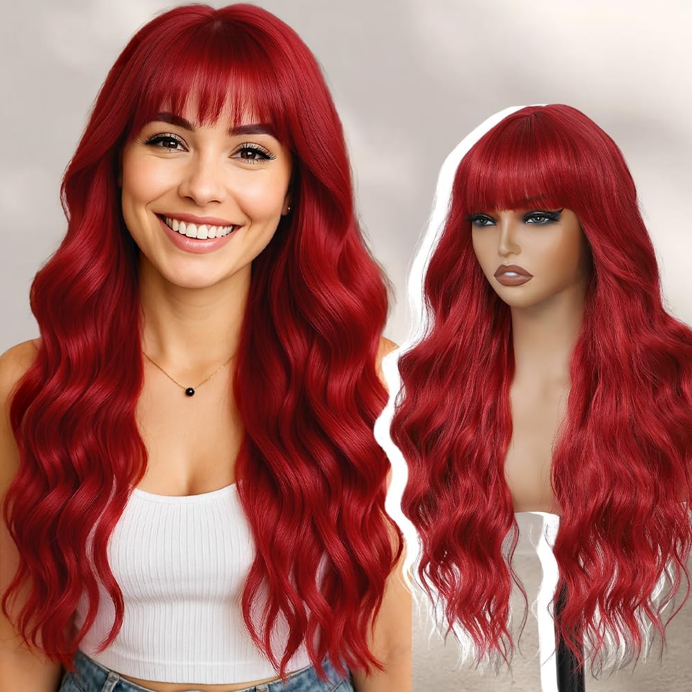 Long Red Wavy Curly Wig with Bangs - 26 Inch Synthetic Hair for Women