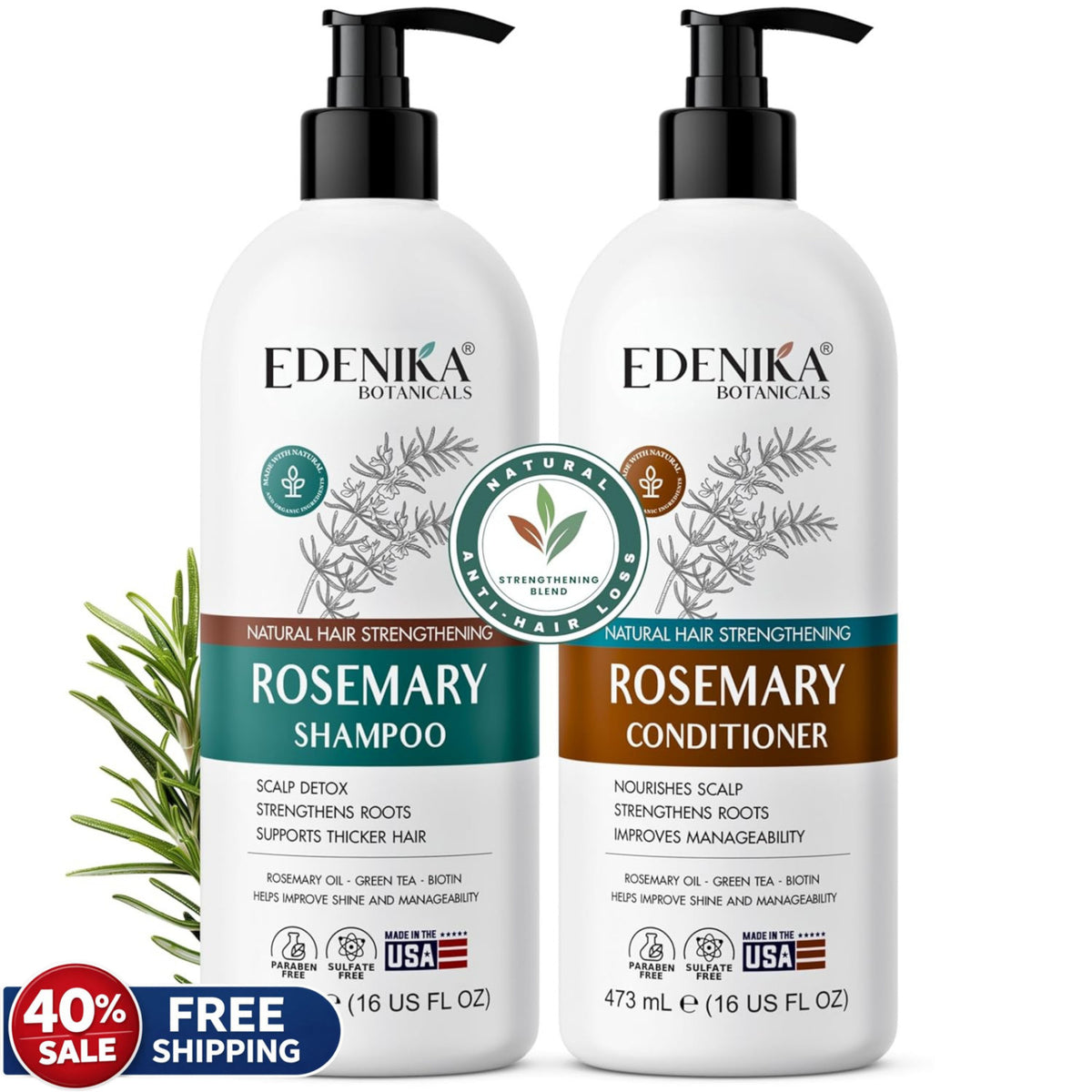 Organic Rosemary Oil Shampoo & Conditioner Set for Hair Loss & Thinning Hair