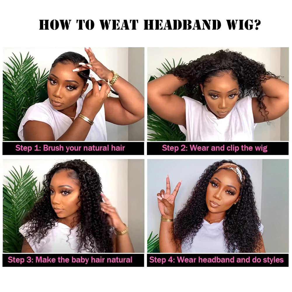 Curly Human Hair Headband Wig 14 Inches Deep Wave Wigs for Women