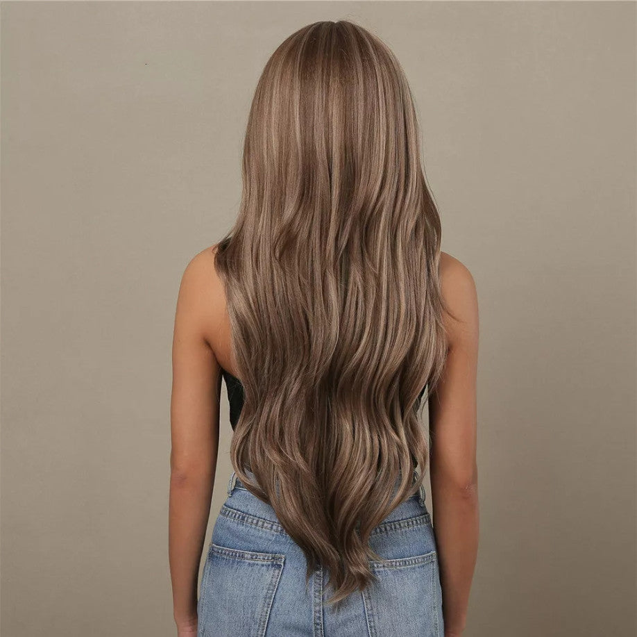 28 Inch Brown Blonde Highlight Wigs with Bangs Long Wavy Hair for Women
