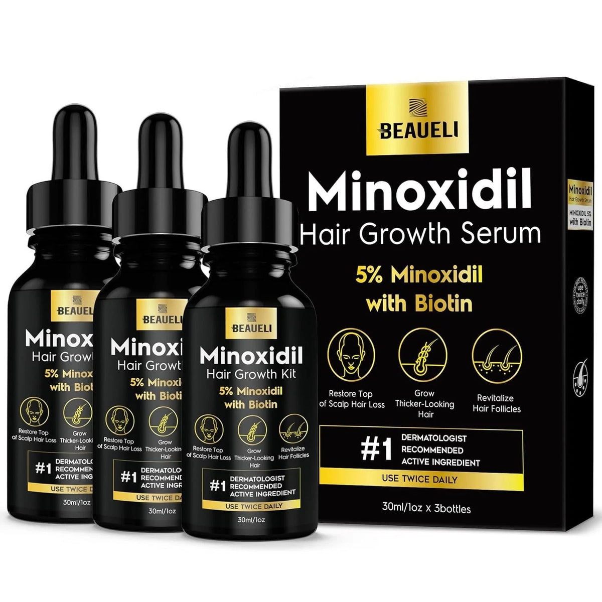 3-Pack Minoxidil Hair Growth Serum for Men & Women - Beard & Scalp Treatment - Unscented