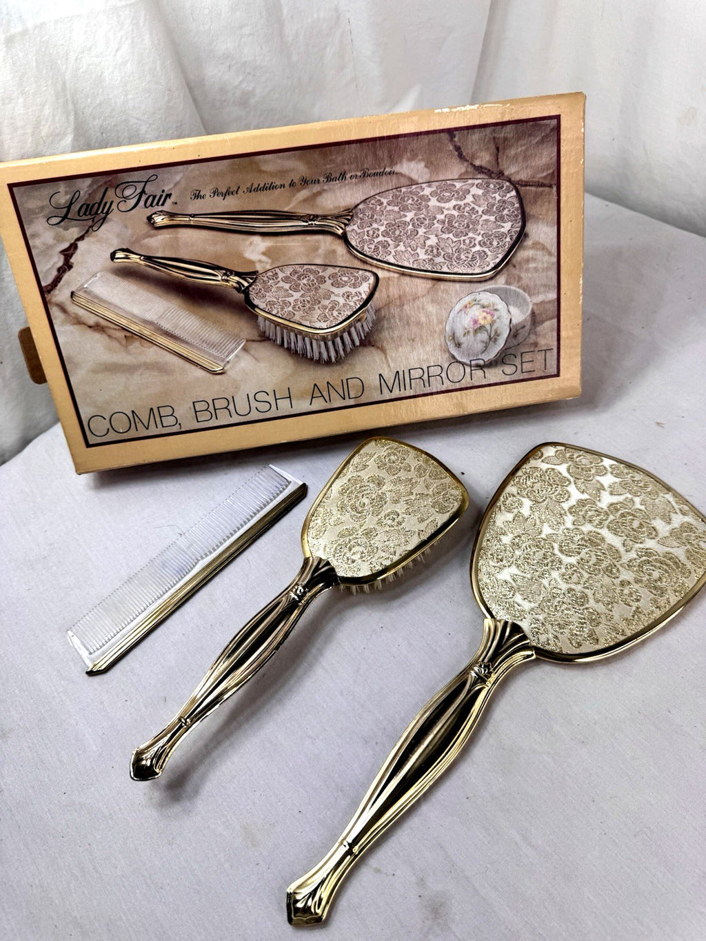 Vintage Brass Dresser Set with Mirror, Comb & Brush - Lady Fair