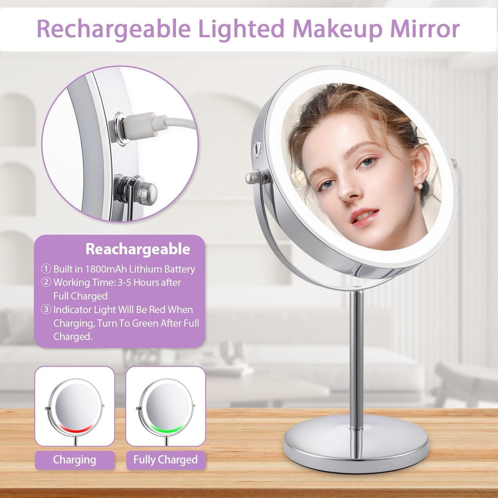 Rechargeable 8-Inch Lighted 1X/10X Magnifying Makeup Mirror with Chrome Finish