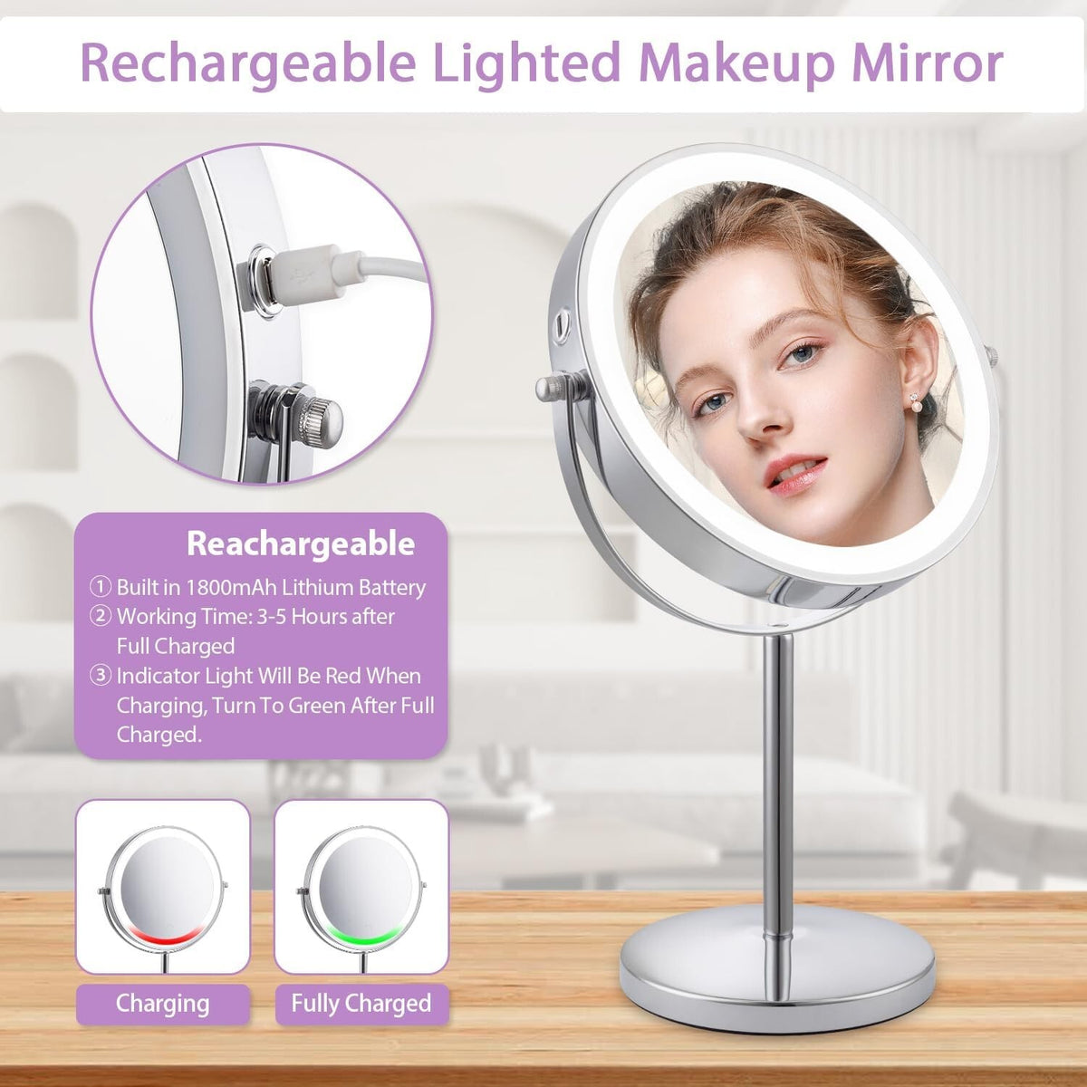 Rechargeable 8-Inch Lighted 1X/10X Magnifying Makeup Mirror with Chrome Finish