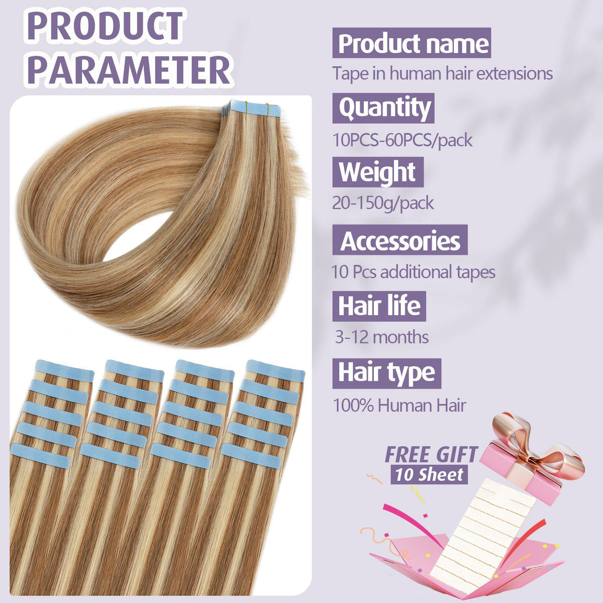 Tape-In 100% Remy Human Hair Extensions Full Head Balayage Ombre