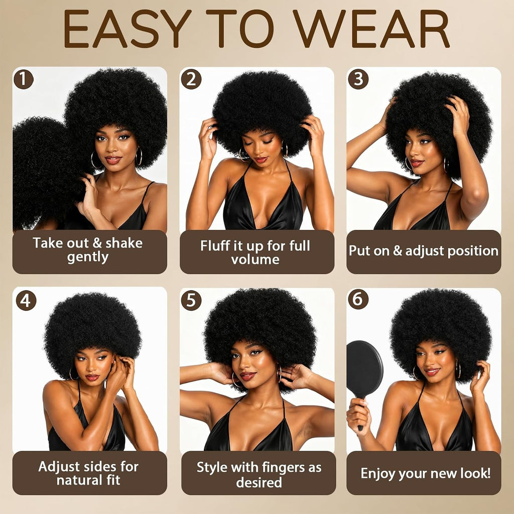 Short Kinky Curly Afro Wig with Bangs - Glueless, Natural Look for Black Women Men