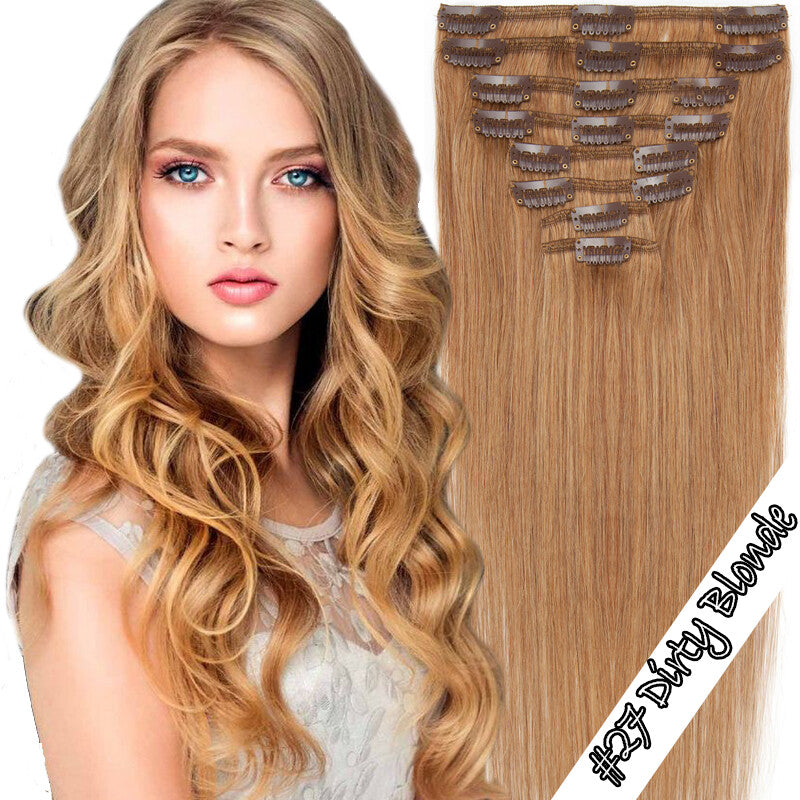 100% Human Hair Extensions Clip-In Full Head Set - Multiple Colors & Lengths