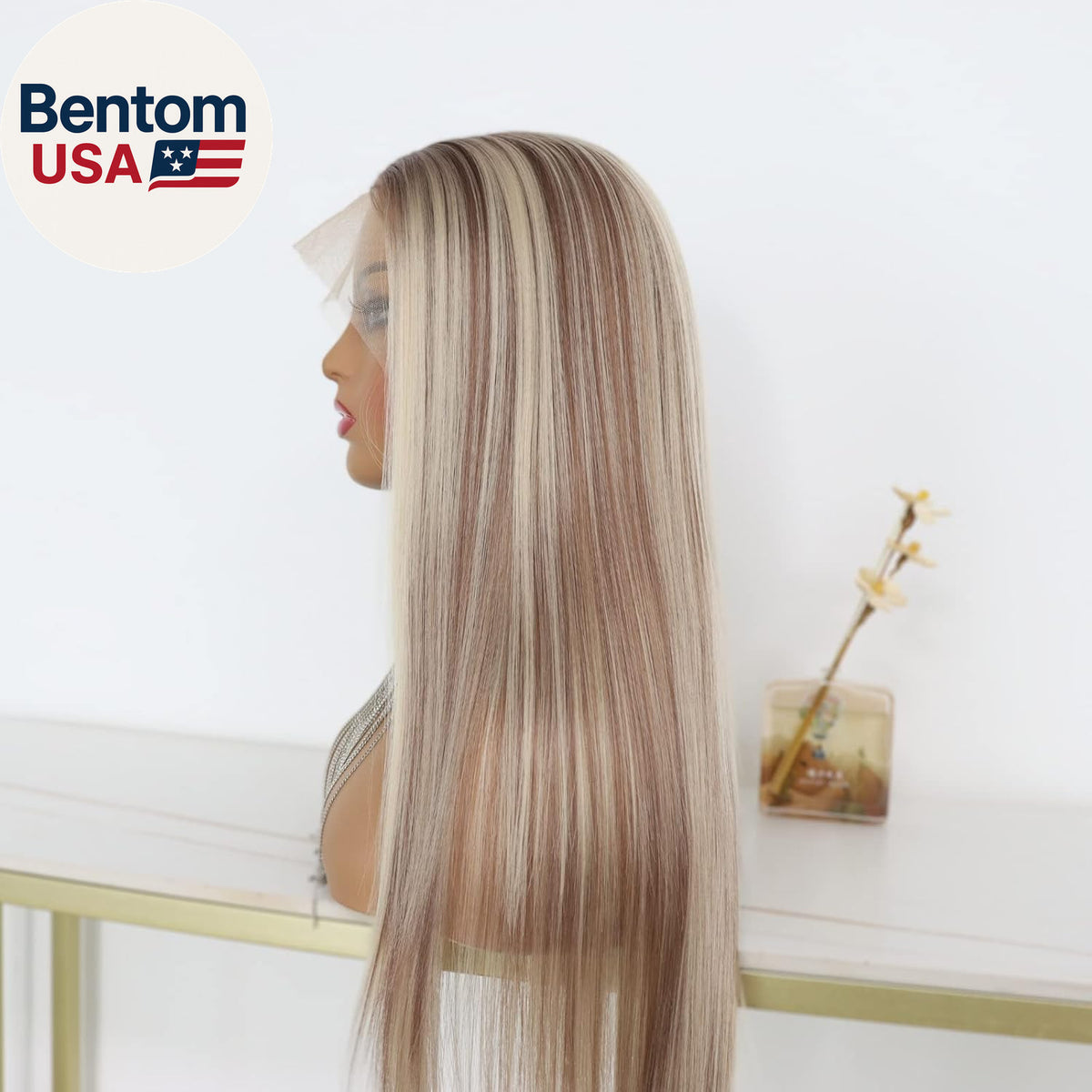 Ash Blonde Lace Front Wig Long Straight Ombre Brown Synthetic Hair