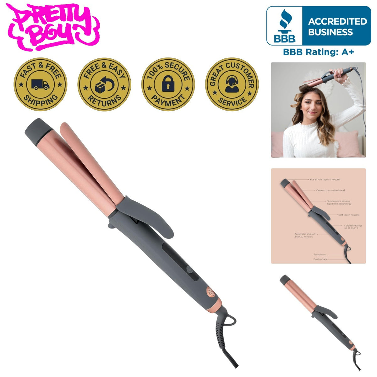 1.25 Inch Ceramic Tourmaline Curling Iron for Silk Smooth Curls