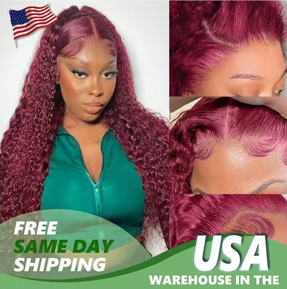 Human Hair Wig 5x5 Water Wave Burgundy 99J Natural 200% Density Unbranded