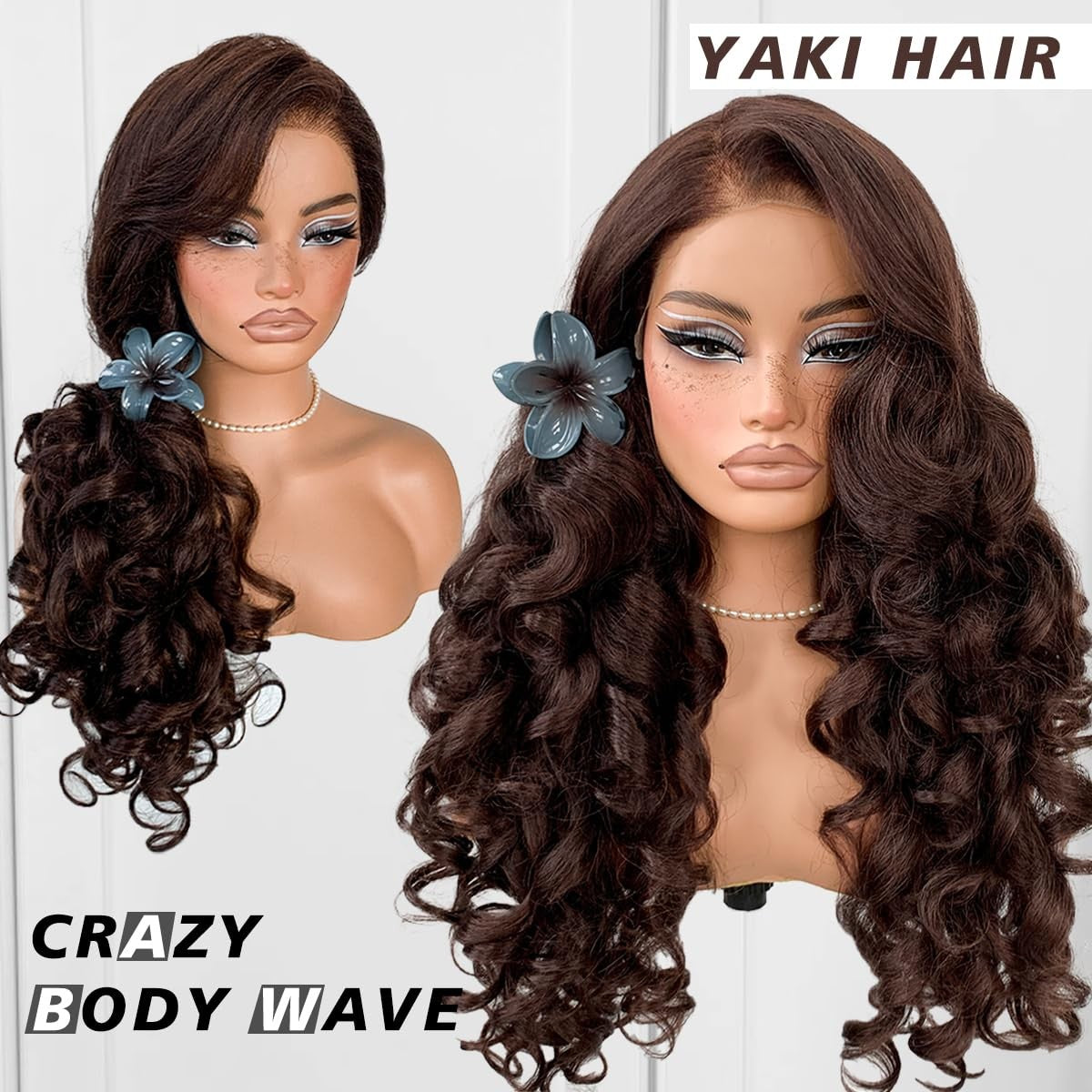 Glueless Lace Wig 13x6 Brown Yaki Body Wave Pre-Plucked Synthetic Hair