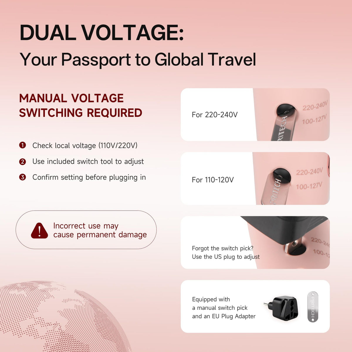 1250W Dual Voltage Foldable Travel Hair Dryer with Concentrator & Diffuser